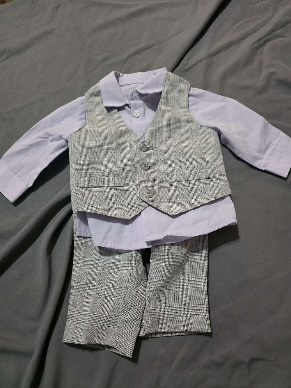 Classic Grey Plaid Baby Vest & Pants Set with Lavender Shirt